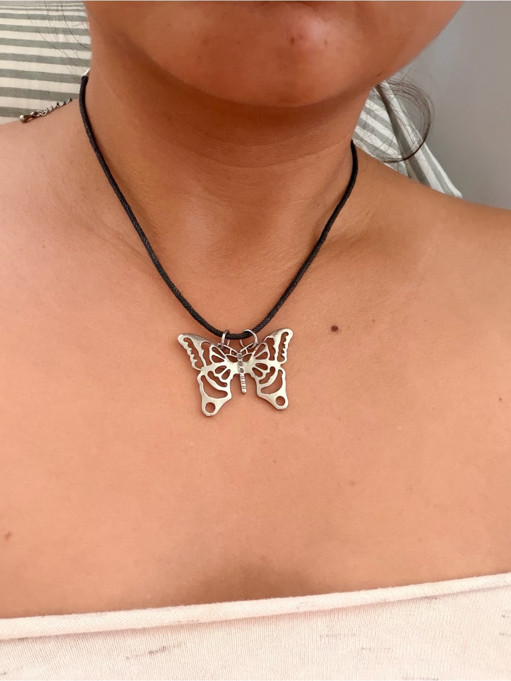 Silver Butterfly Pendant Necklace in Black Cord